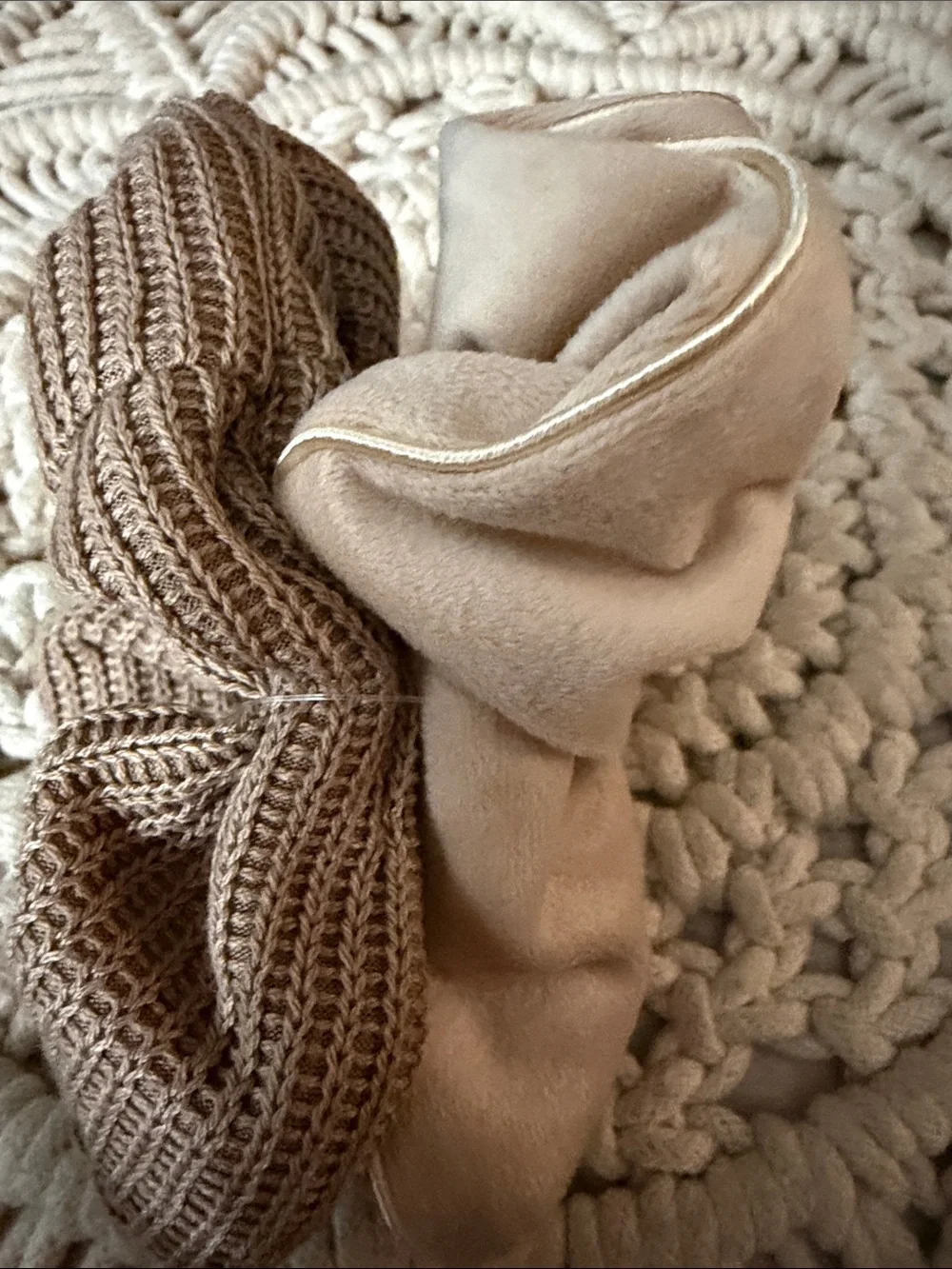 Neutral Satin and Knit Scrunchie Duo - Beige & Taupe